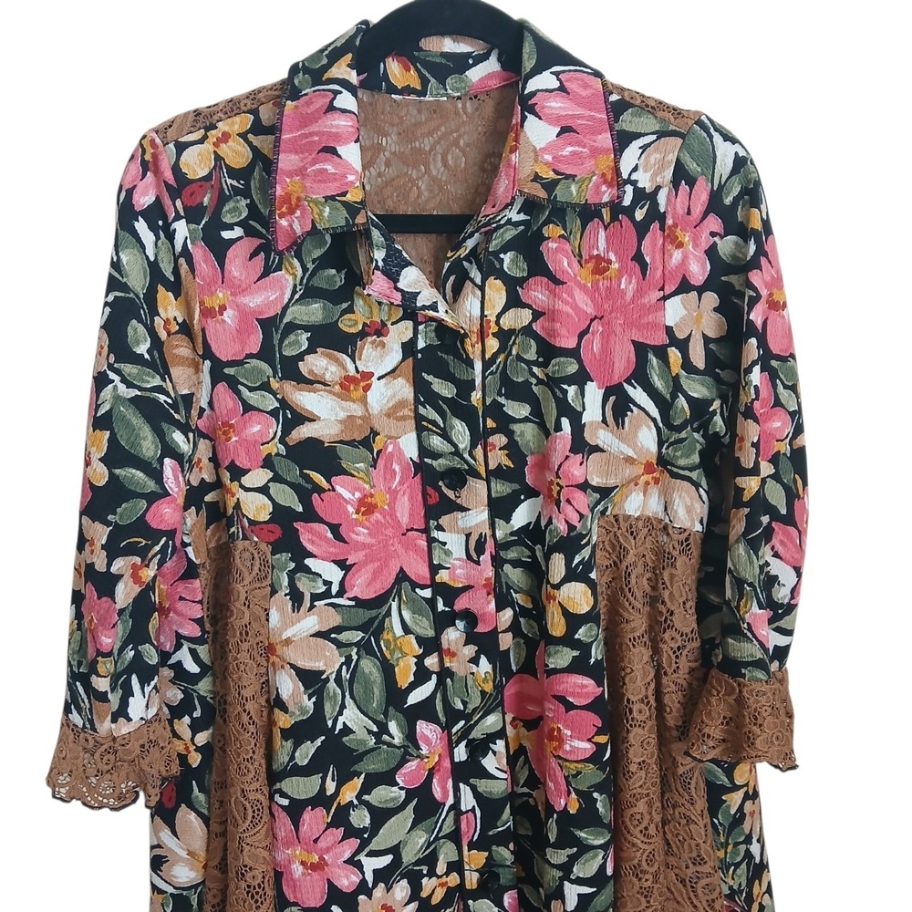 Zadie B's Floral Tunic Top High Low Button Front Brown Lace Modest Boho Shirt S - Picture 3 of 10